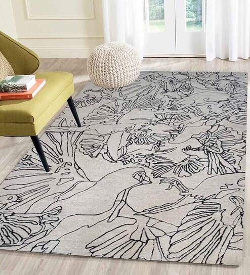 White Abstract Wool 5 ft x 7 ft Hand Tufted Carpet