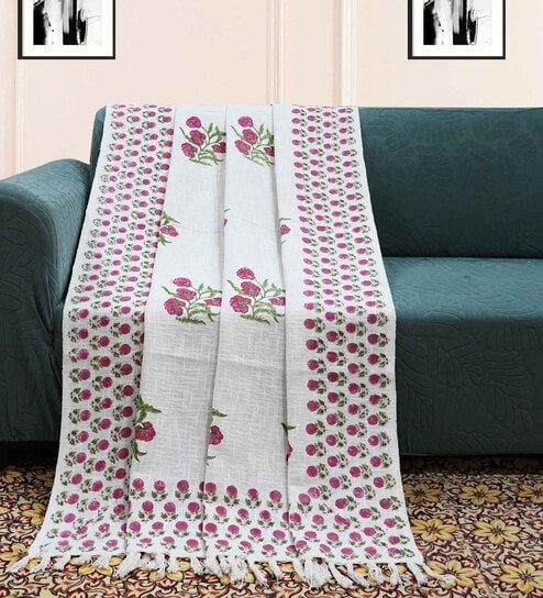 White and Magenta Cotton Floral 70x50 Inches Throw