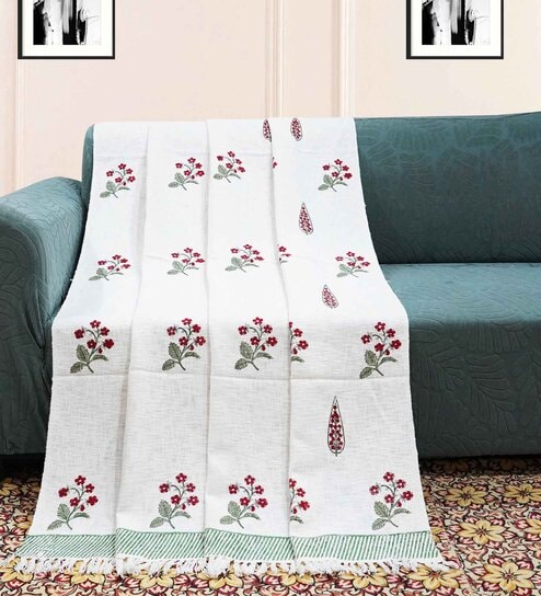 White and Pink Cotton Floral 70x50 Inches Throw