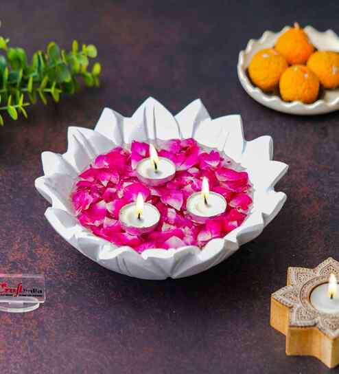 White Beautiful Decorative Lotus Urli Bowl for Home Decor|Urli Set for Decoration Floating Flowers Tea Light Candle Holder|Diwali Decoration Items Gifts for Family and Friends