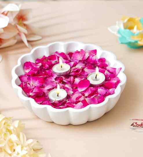 White Beautiful Flower Urli Bowl for Home Decor|Urli Set for Decoration Floating Flowers & Tea Light Candle Holder|Diwali Decoration Items Gifts for Family and Friends