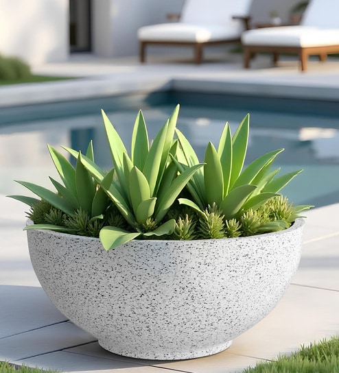White Bowl Shaped Marble Polymer Floor Planter