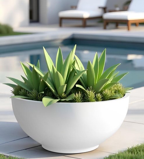 White Bowl Shaped Polymer Floor Planter