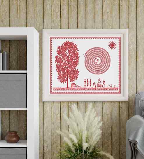 White Canvas Printed Warli Framed Art