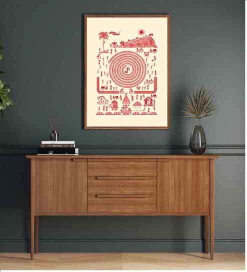 White Canvas Printed Warli Framed Art