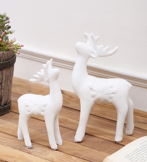 Buy White Ceramic Christmas Themed Deer Duo Showpiece By Aapno