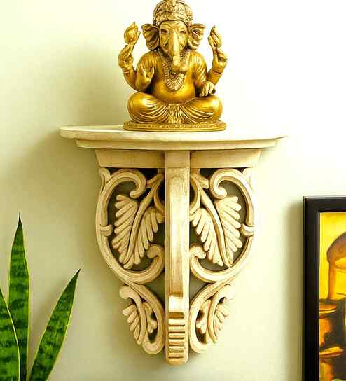 White Colour Rustic Appearance Solid Wood Handcarved Floating Wall Shelf