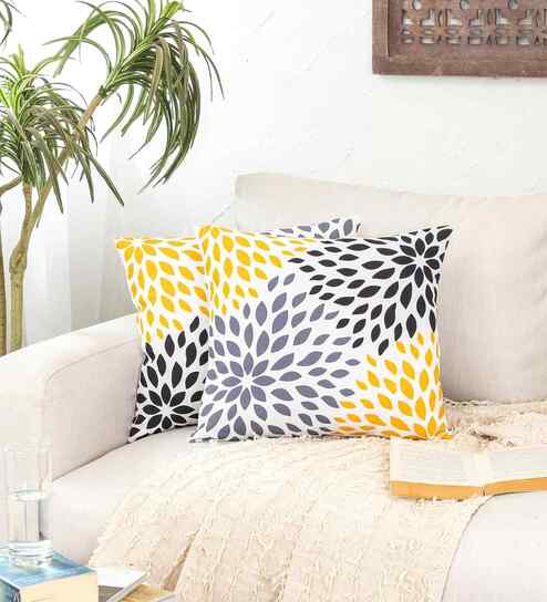White Cotton Abstract 16x16 inches Cushion Cover Set of 2