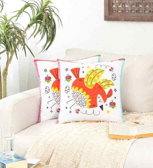 White Cotton Abstract 16x16 inches Cushion Cover Set of 2