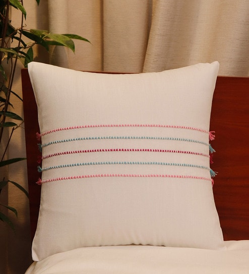 White Woven Poly Canvas 16 x 16 Inches Cushion Cover by Zeba