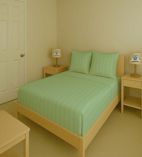 Green Cotton 300TC 2CM Striped Super King Bedsheet with 2 Pillow Covers