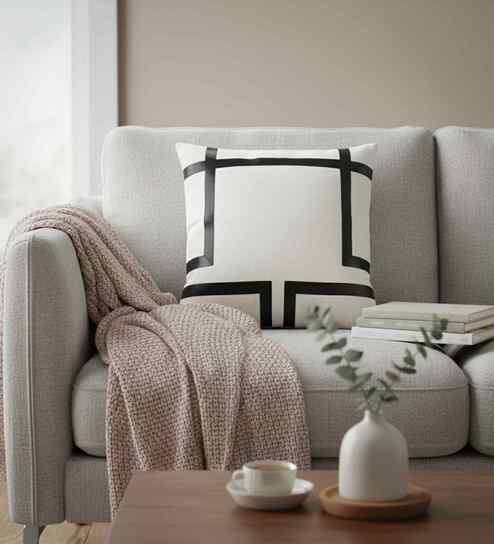 White Cotton Geometric 18x18 inches Cushion Cover