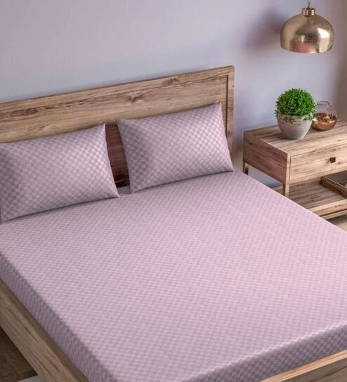 Pink Cotton Jacquard 300TC checked Super King Bedsheet with 2 Pillow Covers