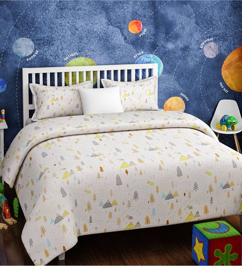 Buy White Cotton Kids Pine Tree Print Green Bedsheet Set By Urban