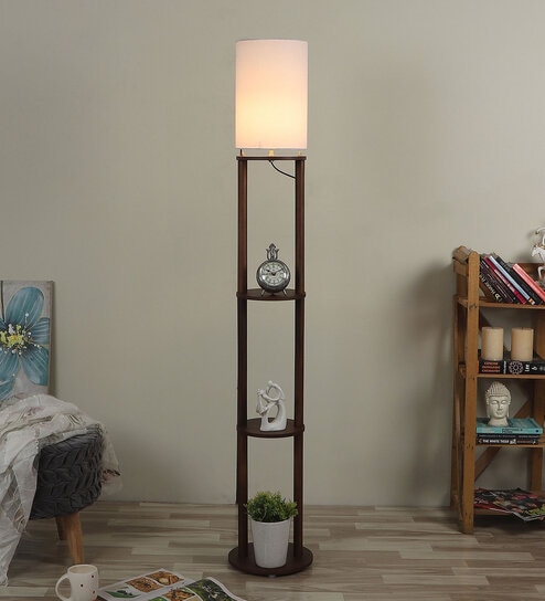 Uniquely White Cotton Shade Shelf Floor Lamp With MDF Base