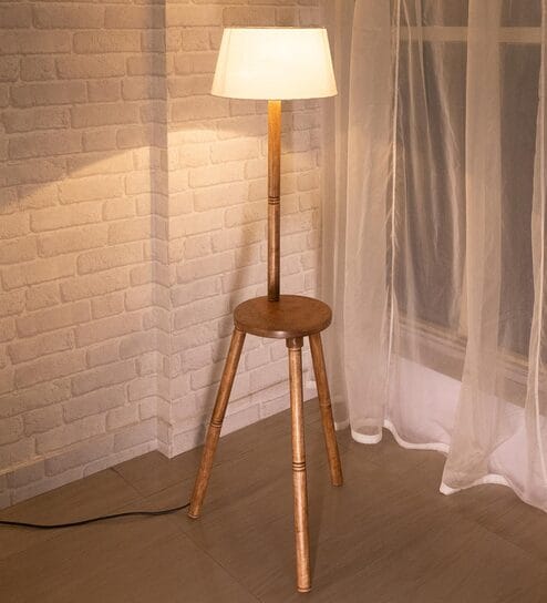 Hubble White Cotton Shade Shelf Floor Lamp With Wood Base