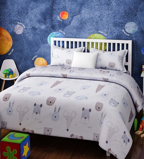 White Cotton Single Size Cute Animals Kids Bedsheet Set Of 2 By Rago