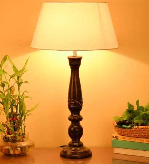 White Fabric shade Table Lamp with Wood base
