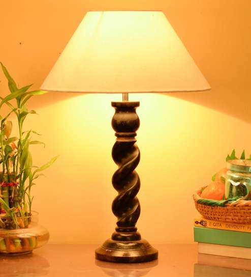 White Fabric shade Table Lamp with Wood base