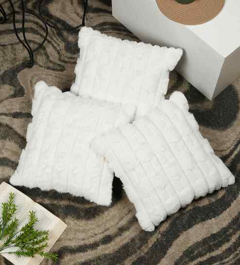 White Cotton Textured 16X16 Inches Cushion Covers (Pack of 3)