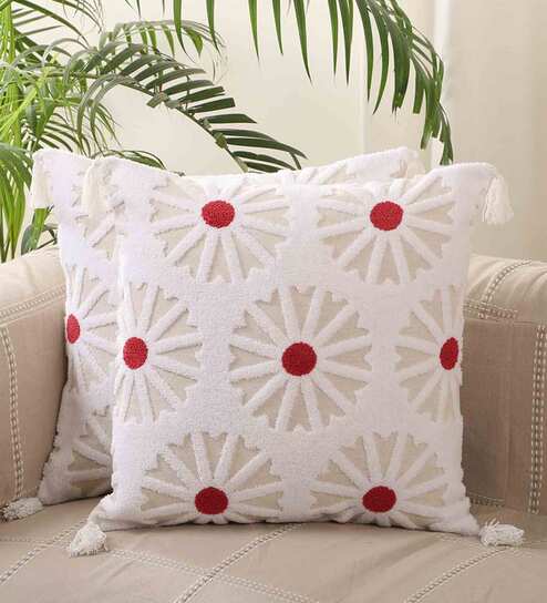 White Woven Cotton 18 x 18 Inches Cushion Covers (Set of 2) by Jamio Firati