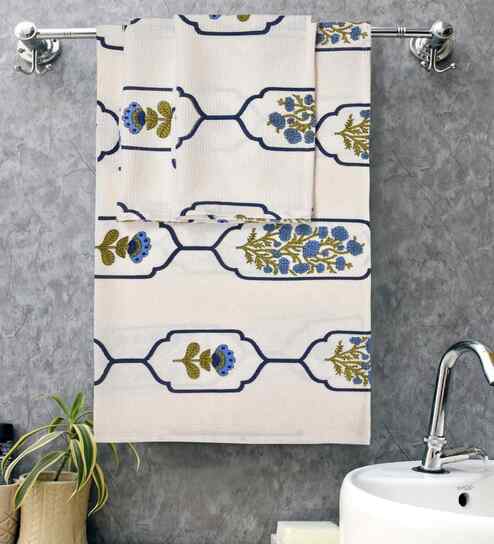 White Cream Madhuban Floral Waffle Cotton 250 GSM Bath & Hand Towel Set