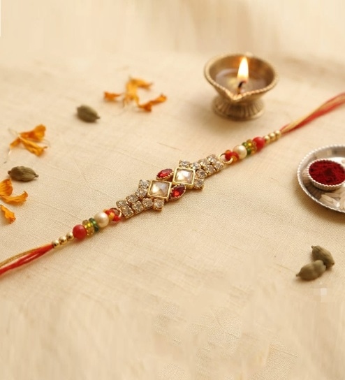 White Diamond Pearl Stone Rakhi With Soft Thread