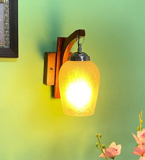 White E27 holder Wood & Glass Uplight Wall Scone