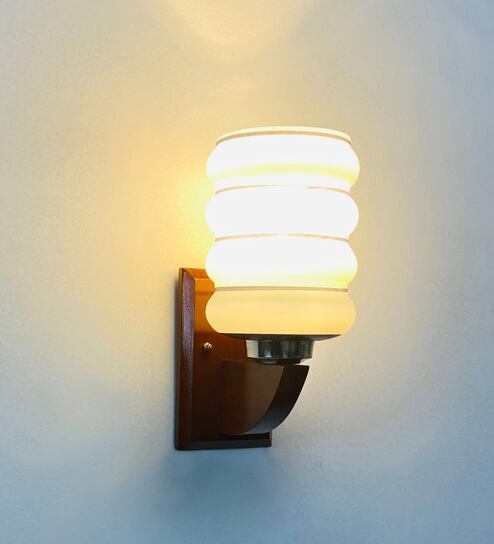 White E27 holder Wood & Glass Uplight Wall Scone