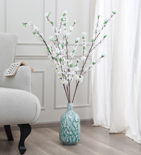 White Fabric Cherry Blossom Flower Sticks Artificial Flowers