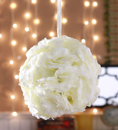 Buy White Fabric Artificial Pew Ball For Wedding Decoration By