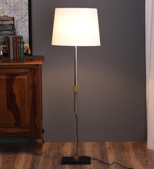 White Fabric Shade Floor Lamp with Bronze Base