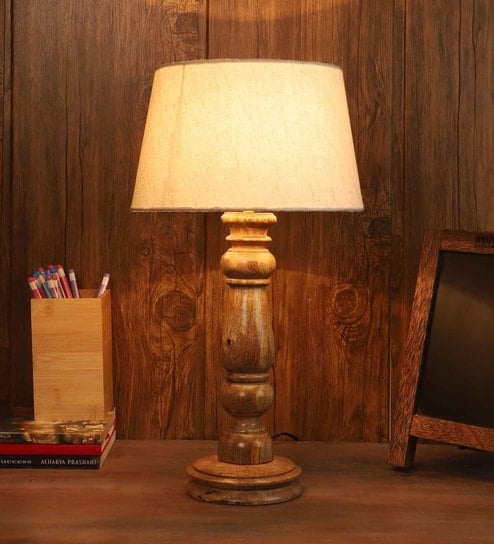 Belfast White Fabric Shade Night Lamp With Mango wood Base