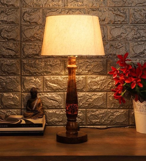 White Fabric Shade Table Lamp with Pink and Brown Base by Foziq