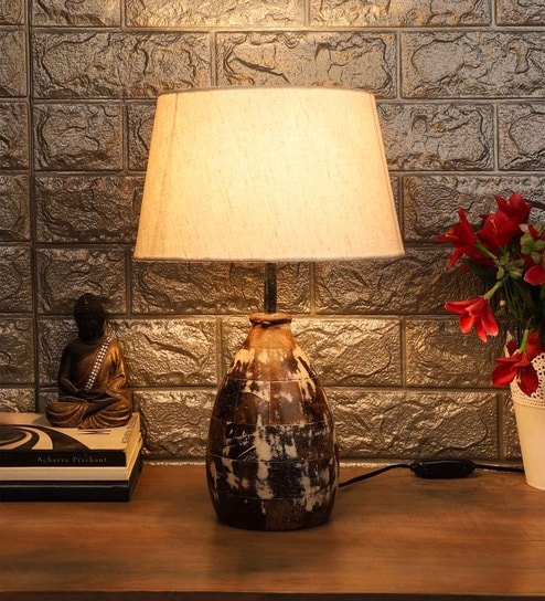 White Fabric Shade Table Lamp with White and Brown Base by Foziq