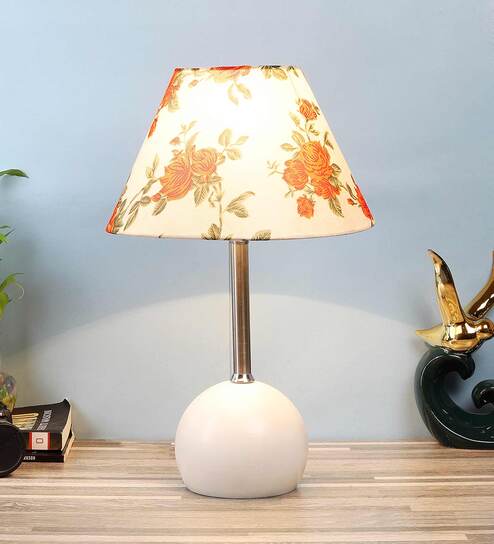 White Fabric Shade Table Lamp With White Base By Foziq