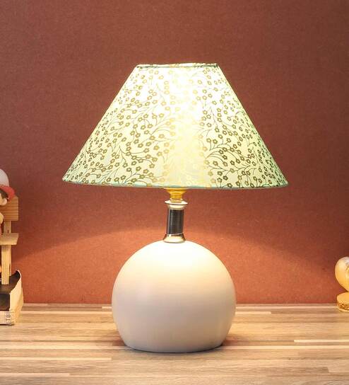 White Fabric Shade Table Lamp With White Base By Foziq