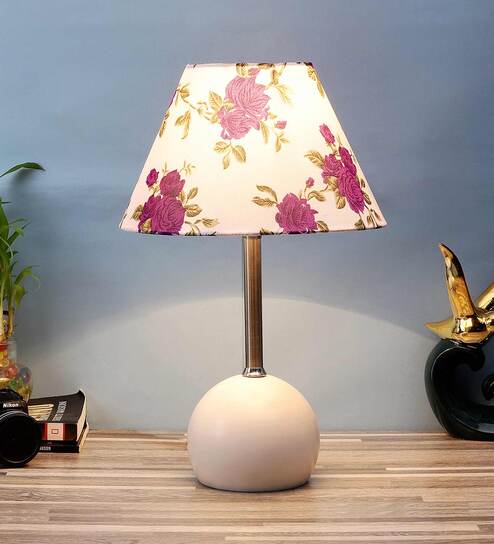 White Fabric Shade Table Lamp With White Base By Foziq