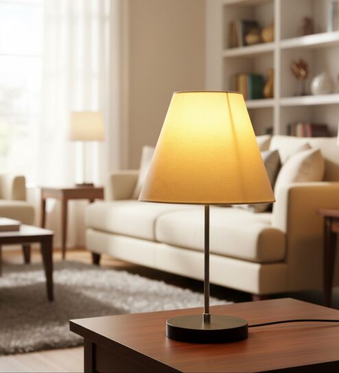 White Fabric Shade with Modern Silver & Black Table Lamp for Bedroom & Living Room