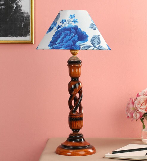 White Fabric Shade Table Lamp with Brown Base by Foziq