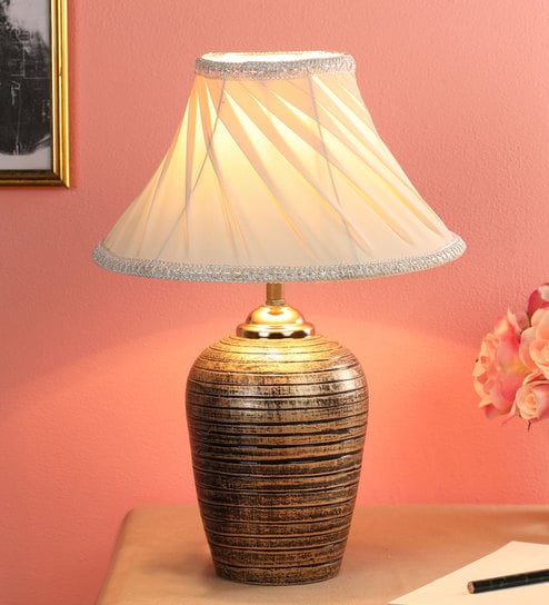 Ashley White Fabric Shade Night Lamp With Teracotta Base By Foziq