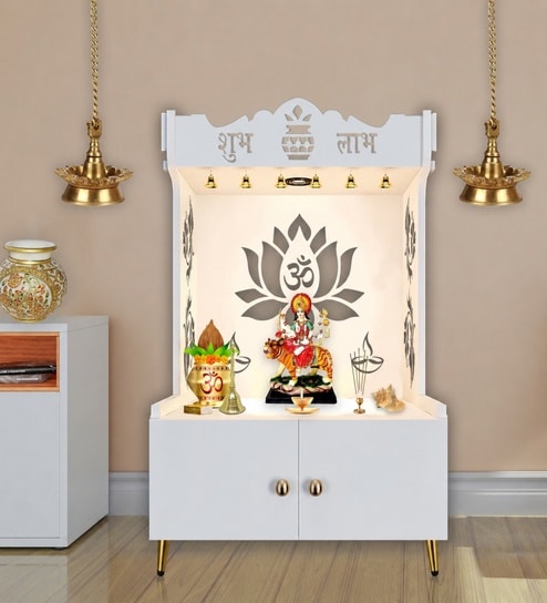 White Finish Beautiful Lotus Pattern Floor Temple with Spacious Wooden Shelf & Inbuilt Focus Light-