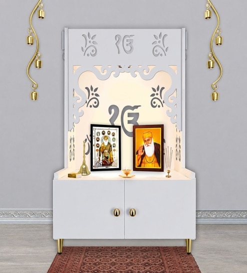 White Finish Ek-onkar Holy Symbol Floor Temple with Spacious Wooden Shelf & Inbuilt Focus Light