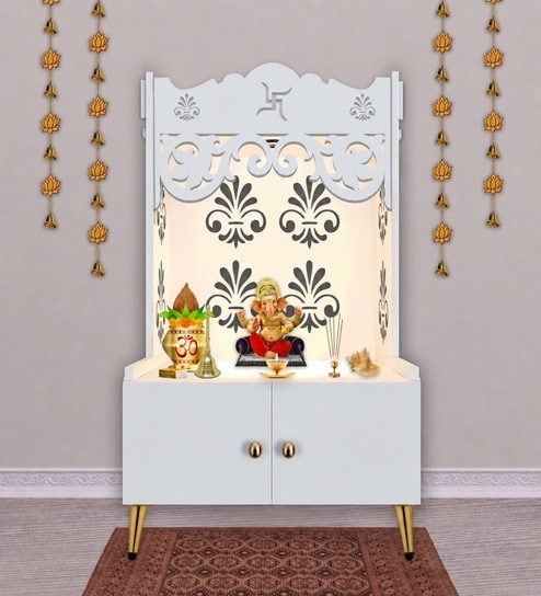 White Finish Floral Designer Pattern Floor Temple with Spacious Wooden Shelf & Inbuilt Focus Light-
