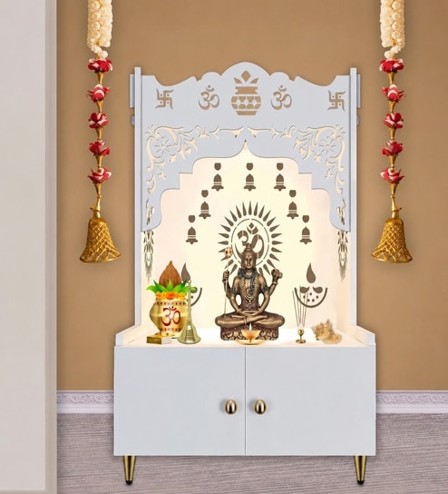 White Finish Holy Symbol Om Chakra Floor Temple with Spacious Wooden Shelf & Inbuilt Focus Light