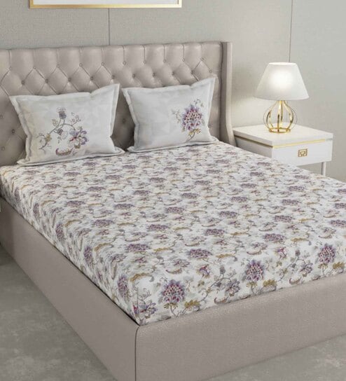 White Floral 144 TC Cotton Queen Sized Bed Sheets with 2 Pillow Covers by GM Fabrics