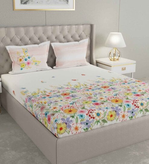 White Floral 144 TC Cotton Queen Sized Bed Sheets with 2 Pillow Covers by GM Fabrics
