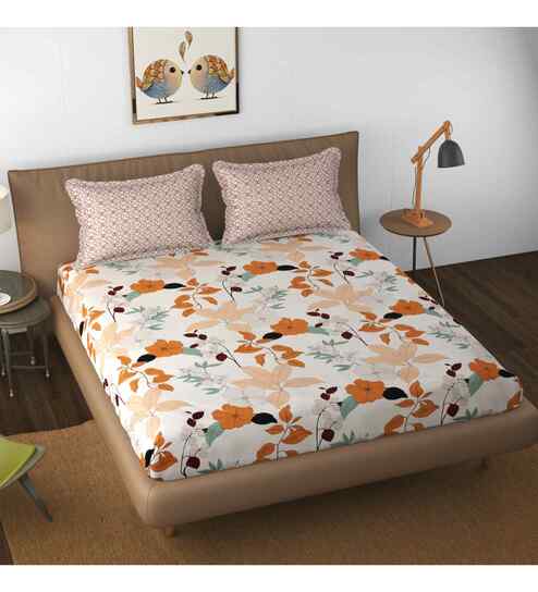 White Floral 144 TC Microfiber King Sized Bedsheet Bedsheet 2 Pillow Heaven Collection