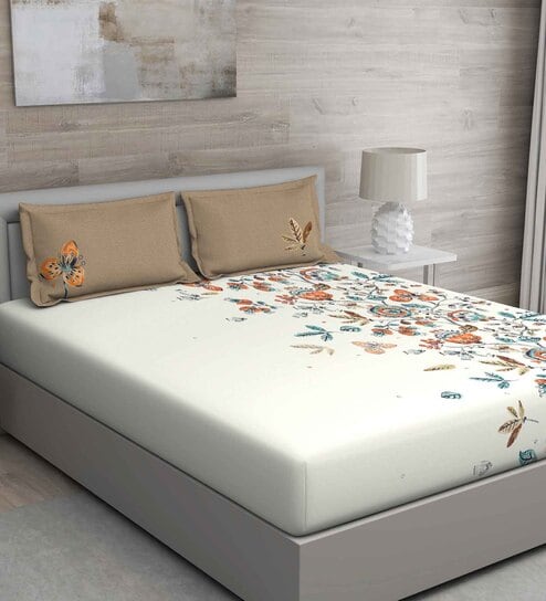 White Floral 150 TC Cotton Queen Sized Bed Sheets with 2 Pillow Covers by GM Fabrics