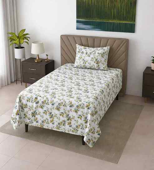 White Floral 290 Tc Cotton Single Bedsheet With 1 Pillow Cover